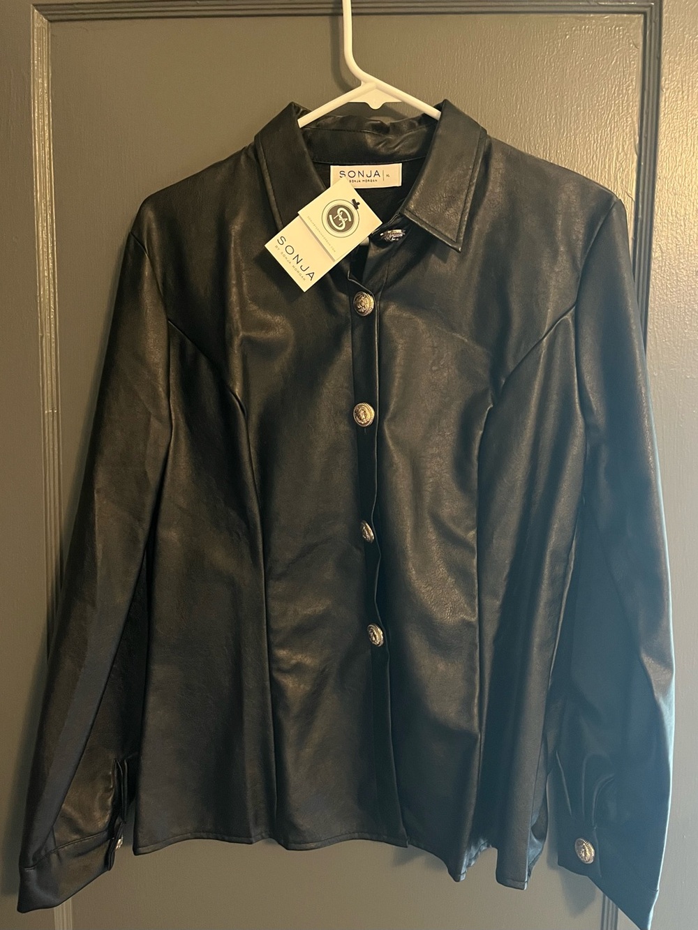 Black Faux Leather Button-Front Blouse-Sonya by Sonya Morgan